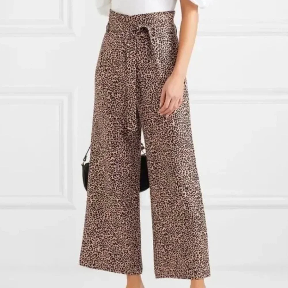 Reformation Jackie Cropped Belted Leopard Print Linen Wide Leg Pant